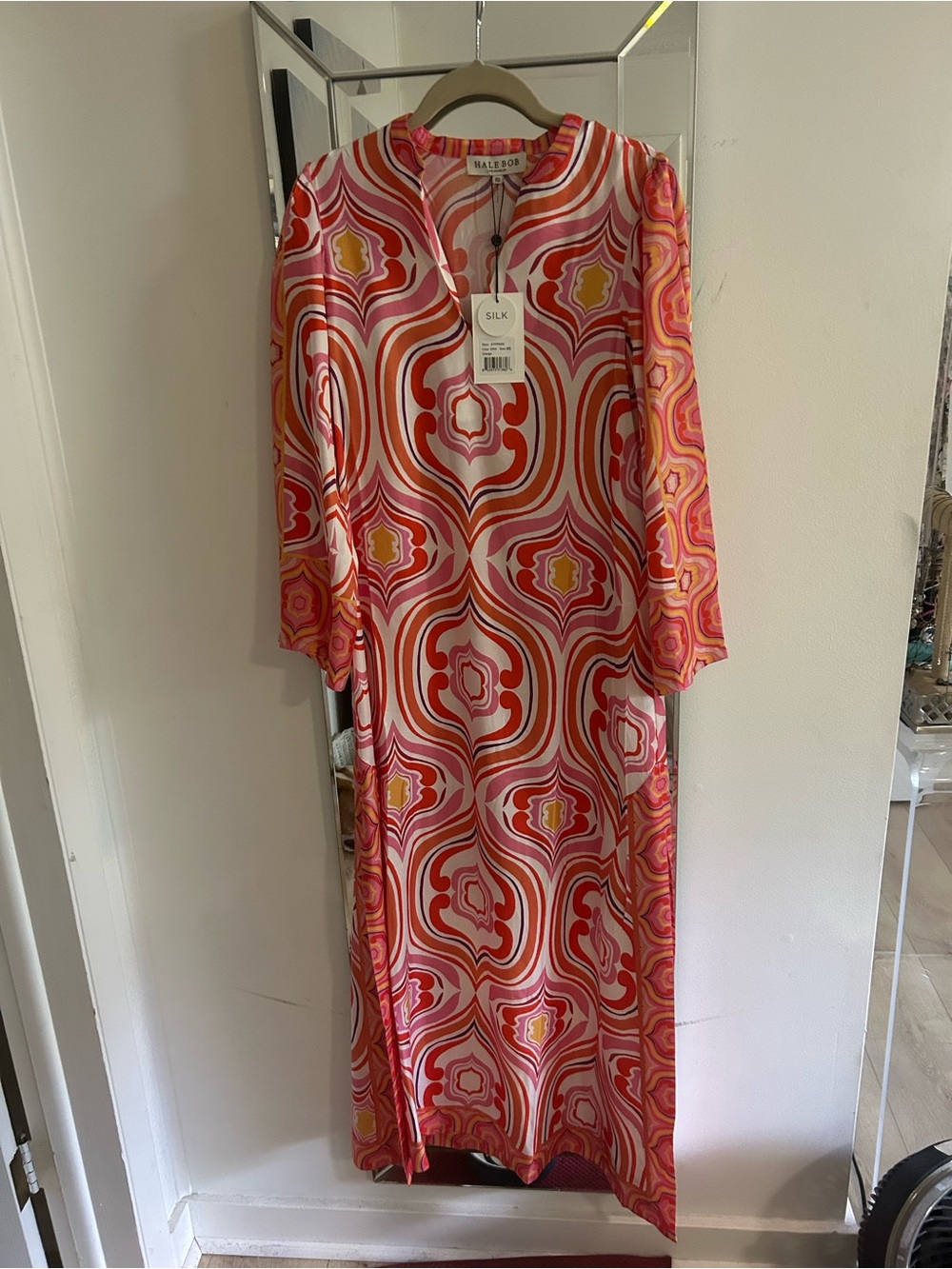 New Hale Bob 100% silk orange and red mod pattern maxi dress size XS or S